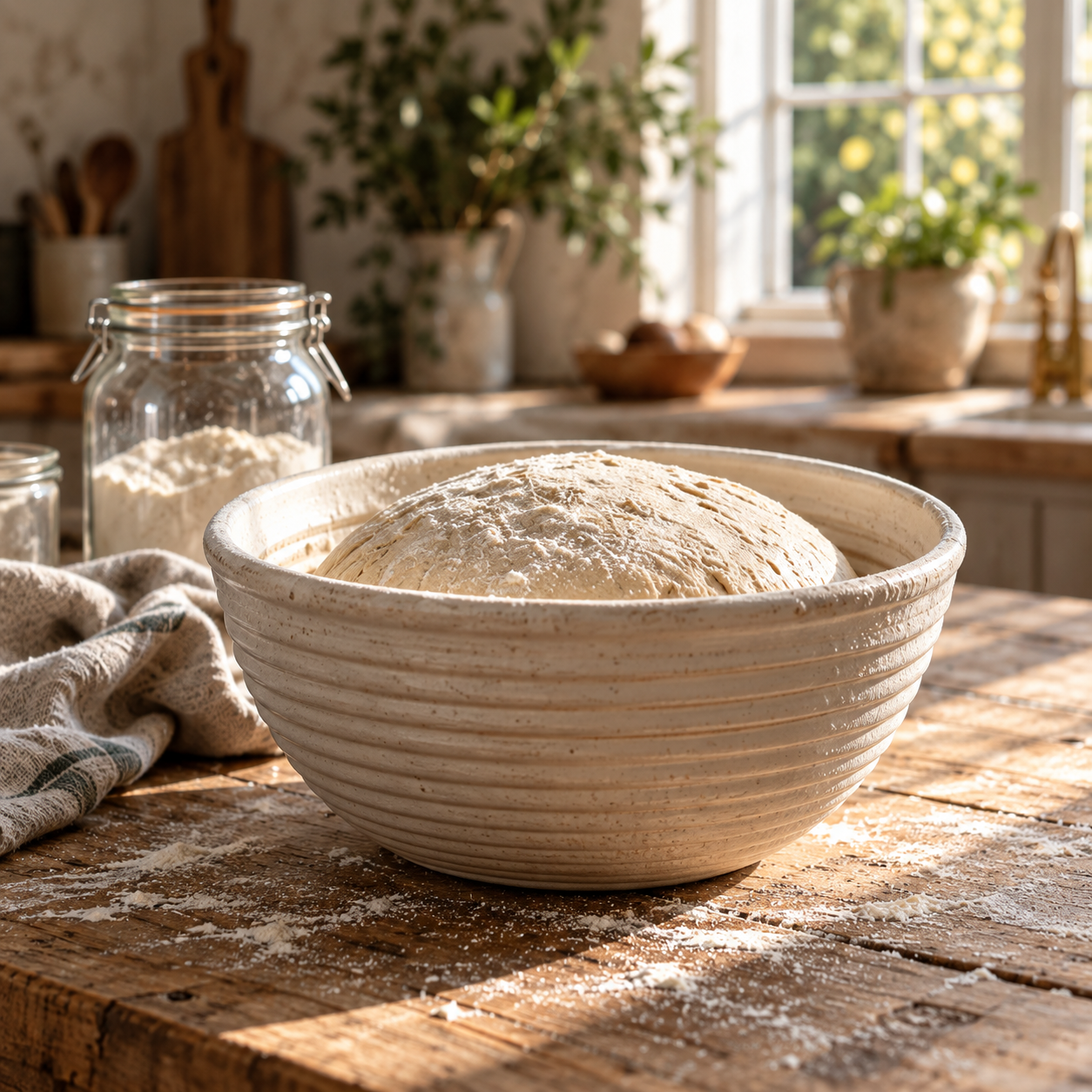 Illustrative bowl of sourdough resting on a wooden worktable