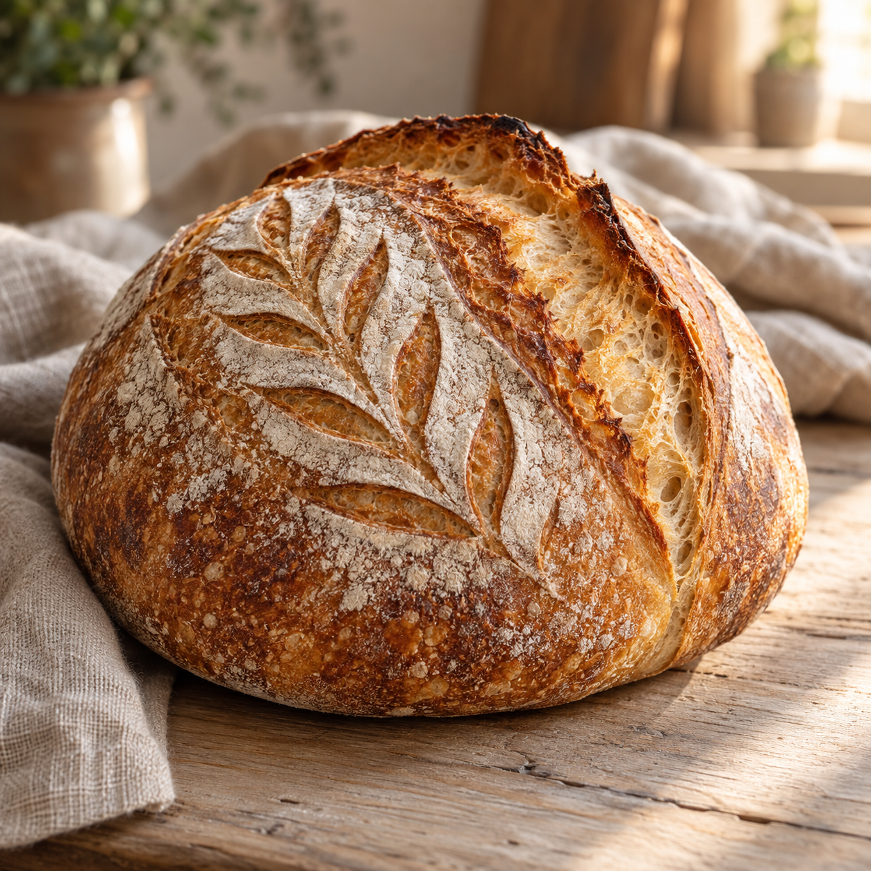 Illustrative artisan sourdough loaf with a golden crust